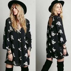 Free People Black Emma Austin Floral Embroidered Boho Swing Mini Dress M NWT